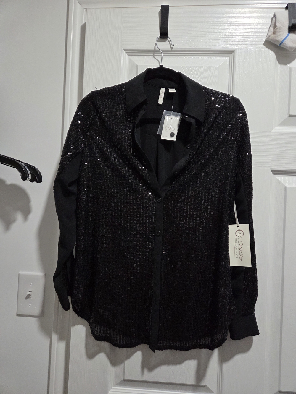 Black Sequin Button-Up Blouse